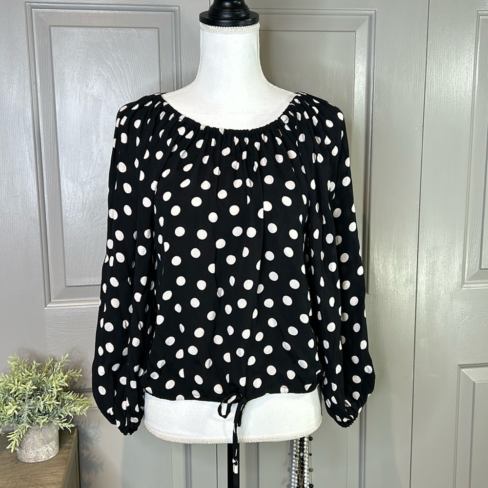 NWTOlivaceous Black and White Polka Dot Tie Waist Off Shoulder Top Blouse Sz S